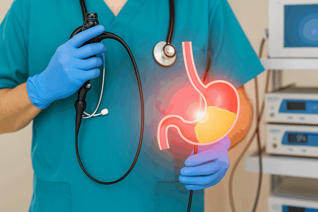 Médico realizando exame de endoscopia, com destaque visual do estômago e esôfago, representando diagnóstico em gastroenterologia.