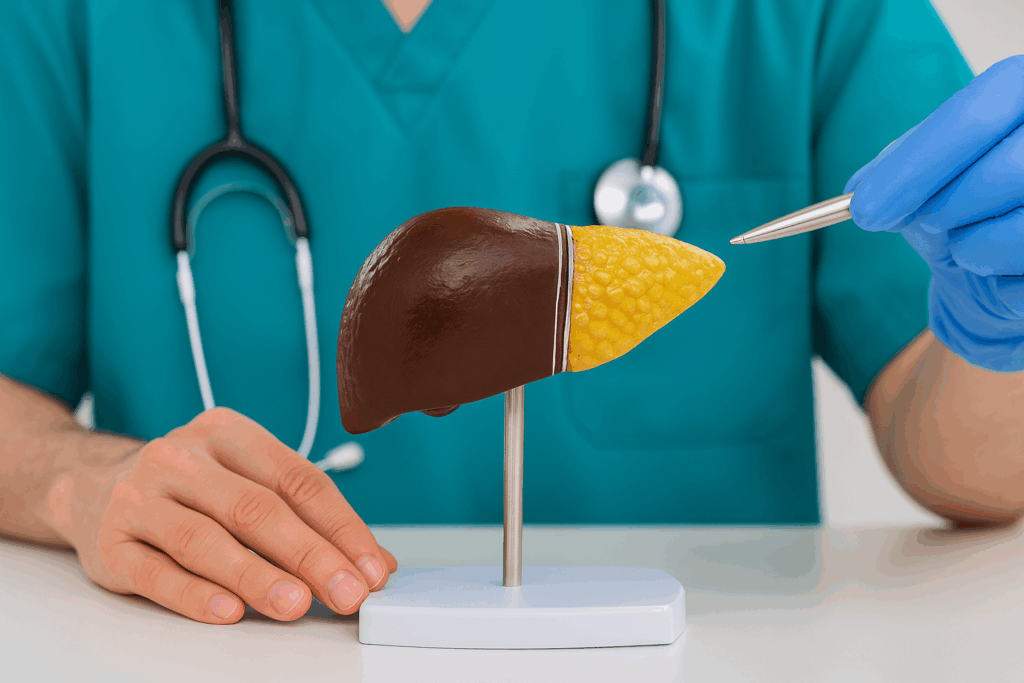 Mãos de médico em luvas azuis apontando para modelo anatômico do fígado, simbolizando o cuidado em hepatologia e fígado gorduroso.