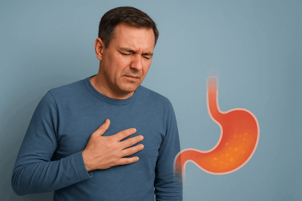 Foto de pessoa com mão no estômago e rosto demonstrando dor por conta de refluxo gastroesofágico