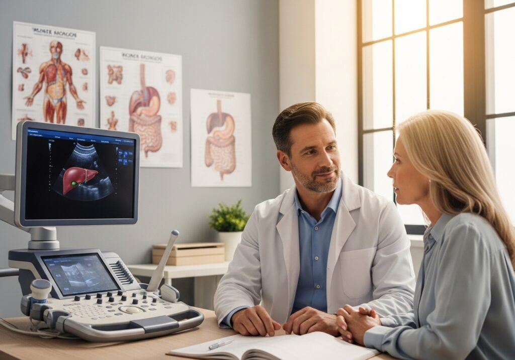 Médico consultando paciente sobre exames de rotina para saúde digestiva e hepática, mostrando resultados em monitor com equipamento de ultrassom visível