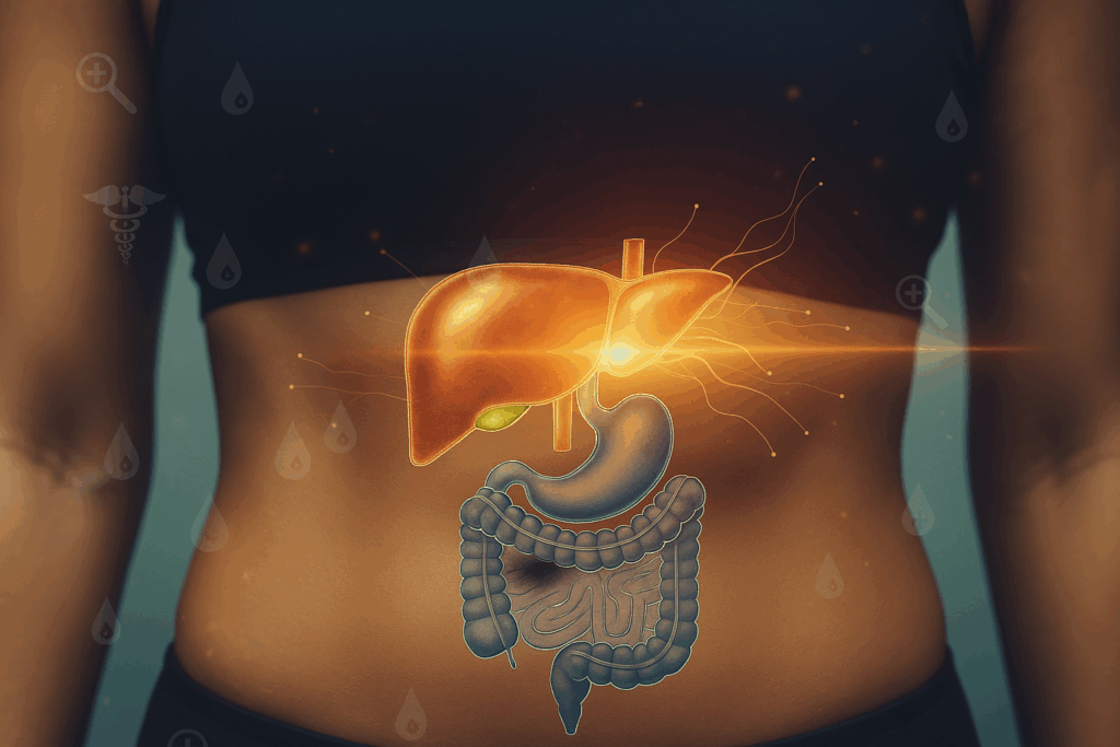 Ilustração do sistema gastrointestinal, destacando o fígado, estômago e intestinos sobrepostos ao torso de uma pessoa, representando a conexão entre sintomas gastrointestinais e doenças no fígado.