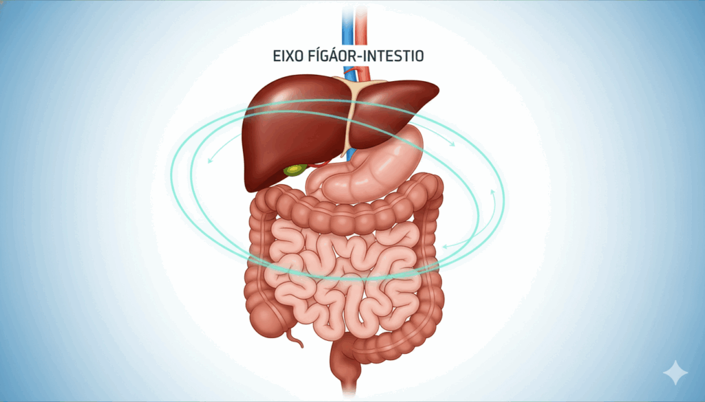 Diagrama médico mostrando a conexão entre o fígado e o intestino, ilustrando problemas no fígado com sintomas no intestino.